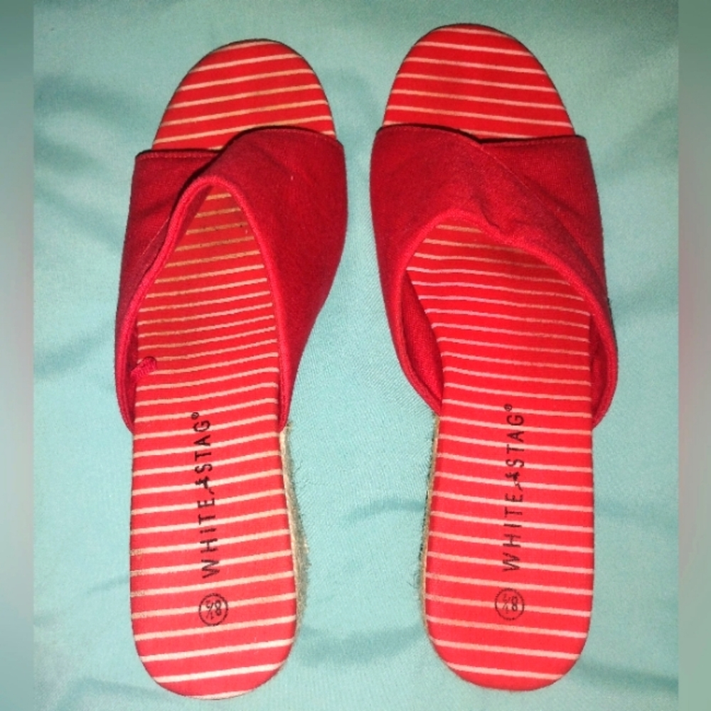 ♥️🤍 EUC White Stag Wedge Shoes Red With White Stripes Size 8.5 Casual Lunch